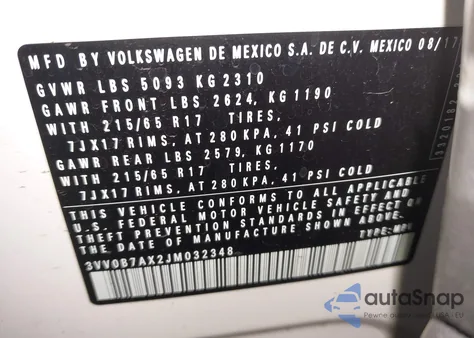 2018 Volkswagen Tiguan 2.0T S z USA, uszkodzony, nr VIN 3VV0B7AX2JM032348